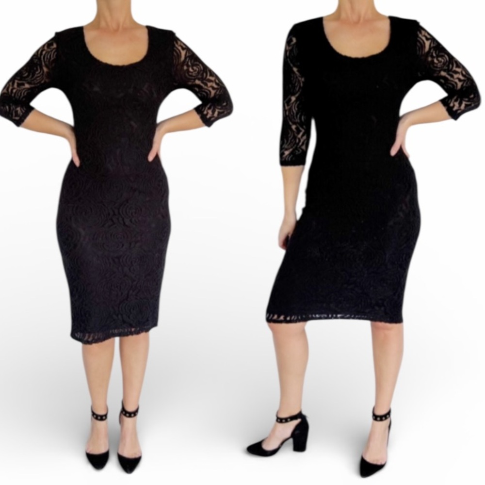 Love, Fire black sheer floral lace long sleeve knee-length cocktail dress large